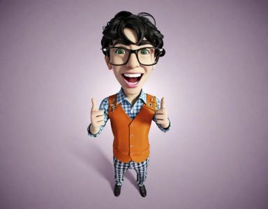 La start-up en croissance Homme souriant avec des lunettes, costume coloré et geste de pouce levé.